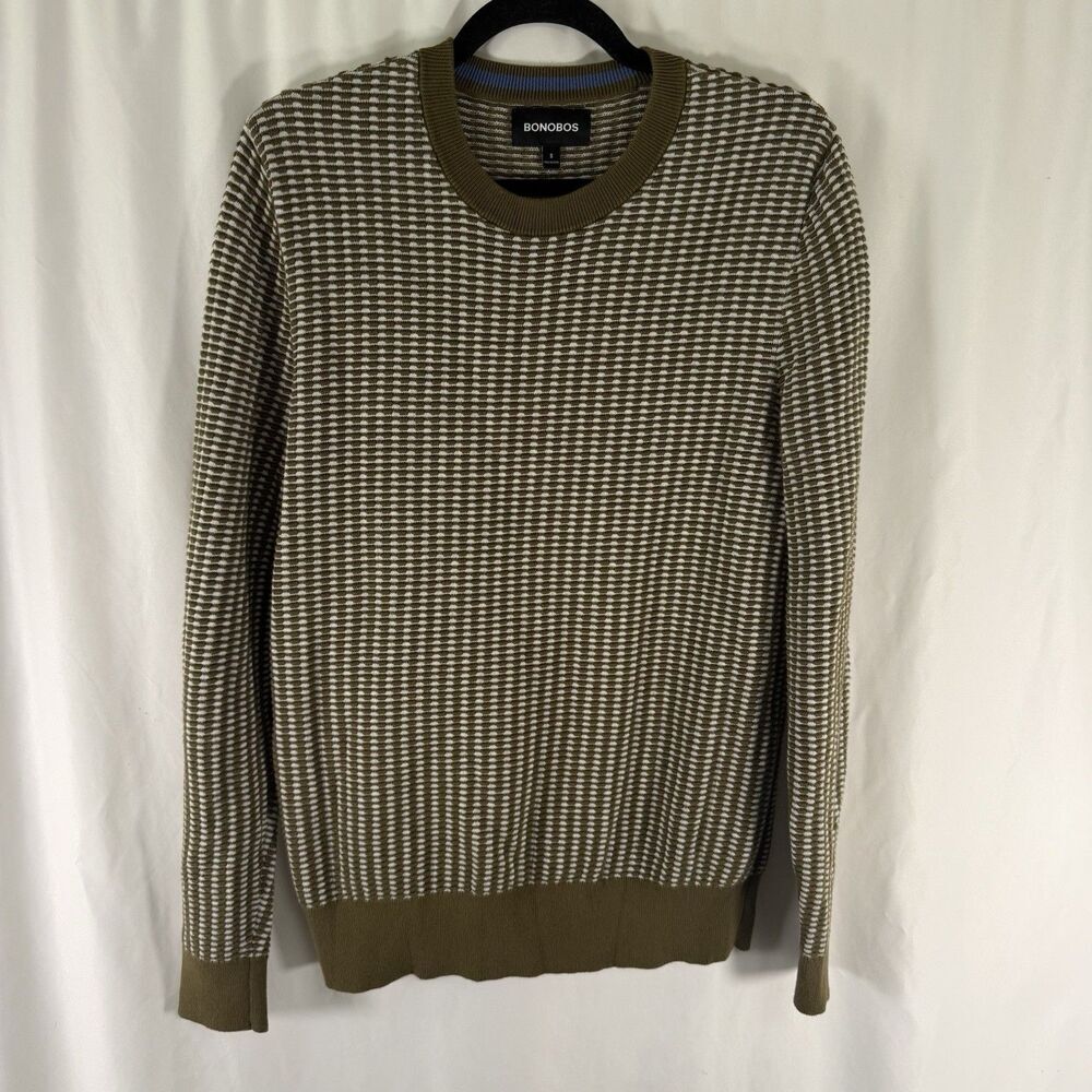 Bonobos Sweater Men's Small Green White Textured Knit Crewneck Long Sleeve Pullo